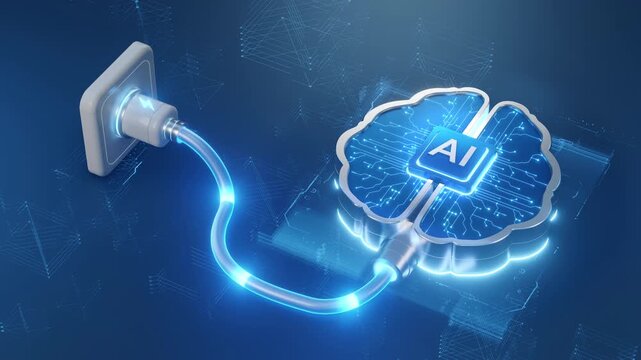 A futuristic 3D render shows an artificial intelligence (AI) brain, depicted as a circuit board, connected to an electrical wall plug by a glowing blue cable. This image symbolizes the significant