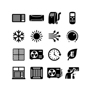 Flat black silhouette air conditioning and climate control icon set featuring cooling systems, HVAC equipment, temperature management and energy efficiency symbols.