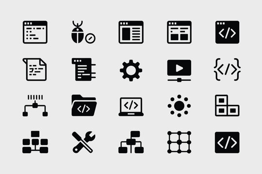 Set of 20 Black Flat Programming and Web Development Vector Icons