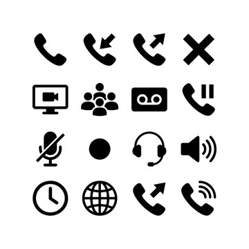 Flat black silhouette calling and communication icon set featuring phone calls, conferencing, voicemail, notifications and telecom symbols.