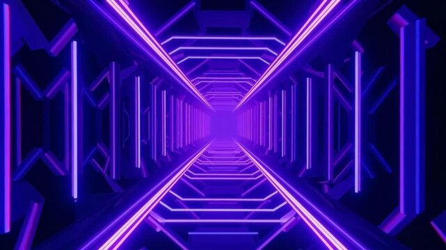 Deep purple neon hexagonal tunnel extending into infinity with glowing geometric lines, futuristic sci-fi corridor background.