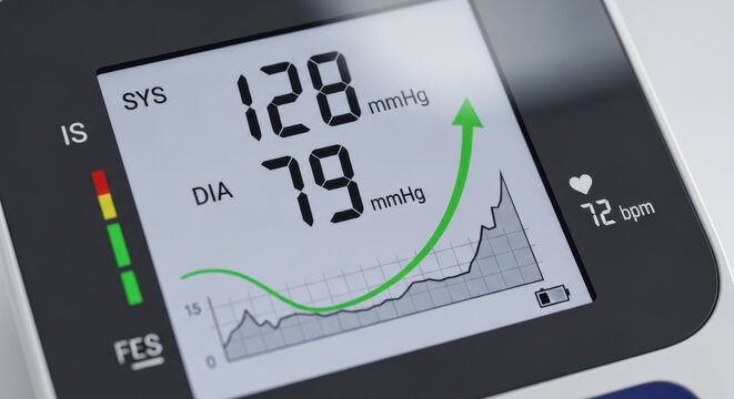 Blood pressure monitor healthcare innovation spending with digital display showing systolic and diastolic values and heart rate