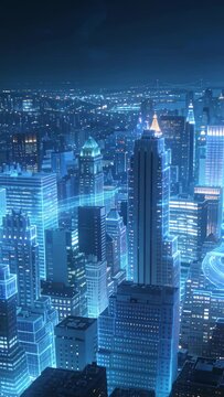 Vertical video: Gliding camera revealing neon skyline night main tower pulsing blue revealing grid