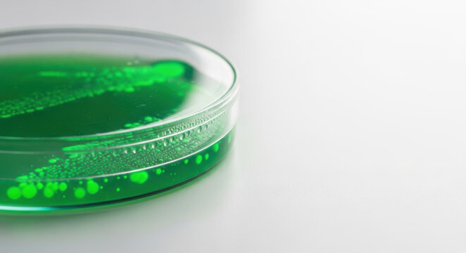 Green bacterial culture in petri dish for biotechnology and medicine research with biohacking potential in laboratory environment