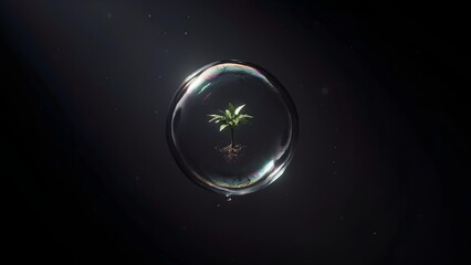 Fototapeta premium Small Plant Inside Bubble with Dark Background and Light Reflection