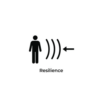 Stick figure silhouette with curved lines and an arrow on a white background represents resilience bounce back challenge character curve determination