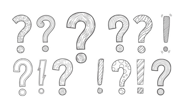 Hand drawn question marks and exclamation points with various patterns punctuation