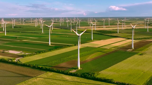 Drone pulls back from modern wind turbines revealing rolling farmland and dramatic summer clouds, highlighting renewable energy, sustainable infrastructure and clean electricity production.