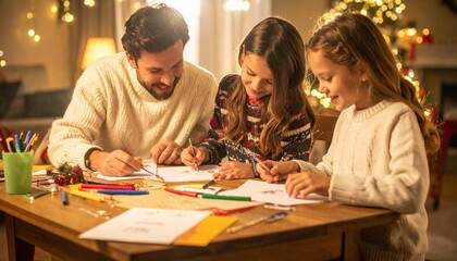 Fototapeta premium Father and daughters drawing together at Christmas