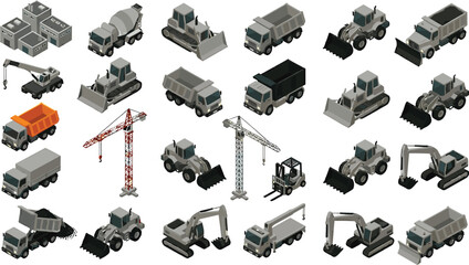 Isometric Construction Vehicles Set – Excavator, Dump Truck, Bulldozer, Crane, Cement Mixer and Forklift Clipart Collection © Manna