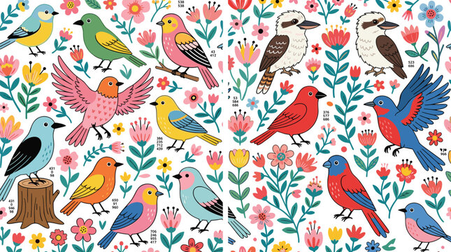 Folk Art Birds and Flowers Pattern &ndash; Colorful Vector Illustration Set