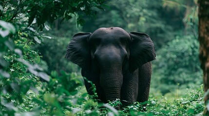 Fototapeta premium A majestic elephant traverses the dense vibrant jungle landscape with dynamic movement and high contrast