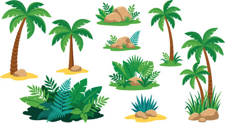 Obraz premium Tropical Palm Trees and Exotic Plants Bush Rocks Sand Island Nature Set Cartoon Vector Illustration Collection