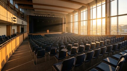 Naklejka premium Empty university lecture hall with blue chairs caps at sunset
