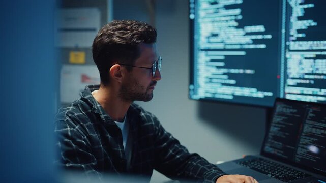 Young Caucasian male programmer write code on computer in home office at late night. AI technology, cybersecurity, software developer, freelance innovation, database system, digital network concept.