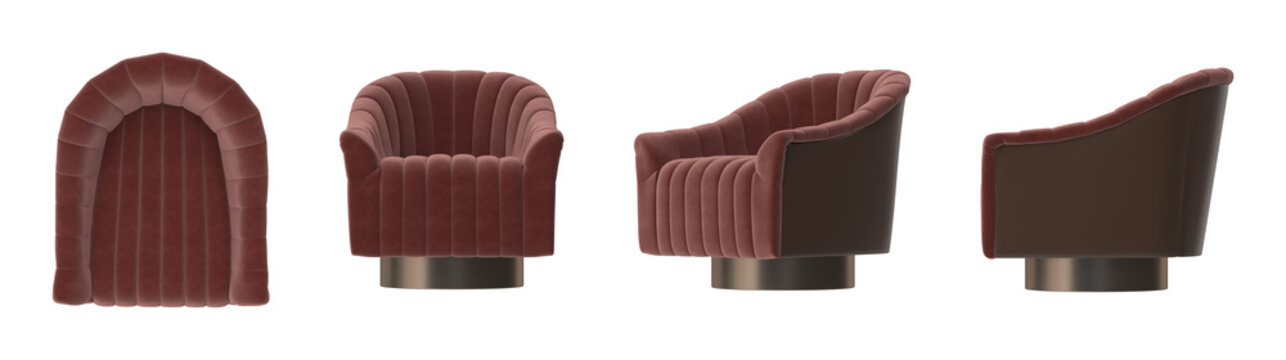 Elegant plush velvet armchair with channel tufting and a modern swivel base