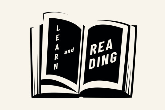Open book vector illustration with text learn and reading. Black and white minimalist typography design, vintage linocut style icon for education, library, bookstore knowledge concept