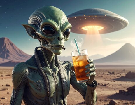 Alien holds drink with spaceship overhead in desert landscape
