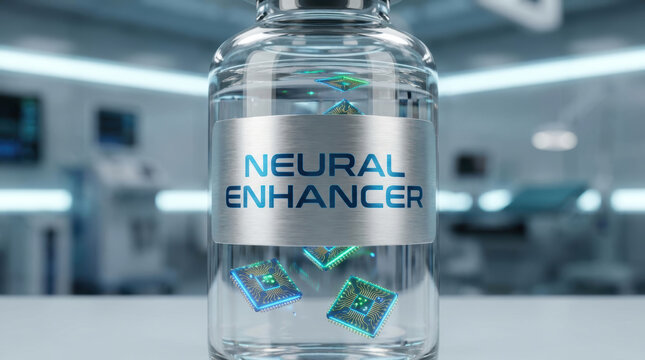 Neural enhancer concept with futuristic microchips floating inside clear glass bottle in high tech laboratory setting