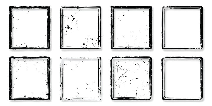 Set of eight black square frames with grunge texture and distressed edges