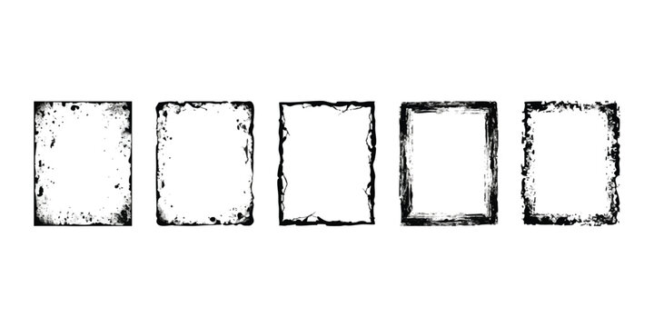 Set of five rectangular grunge frames with rough distressed edges in black ink style
