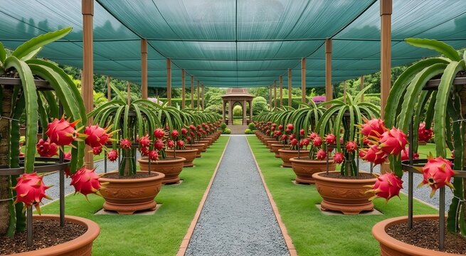 Modern dragon fruit farm plantation in pots under a protective shade net in a beautiful garden. (6000 x 3300 px) - 1