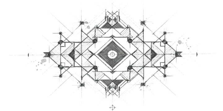 Abstract geometric sketch with symmetrical lines and shapes on a paper texture