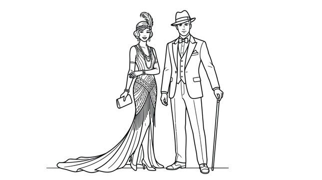 Elegant couple dressed in vintage nineteen twenties style formal attire as a detailed black line vector