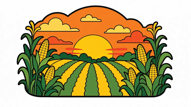 Cartoon corn field at sunset.