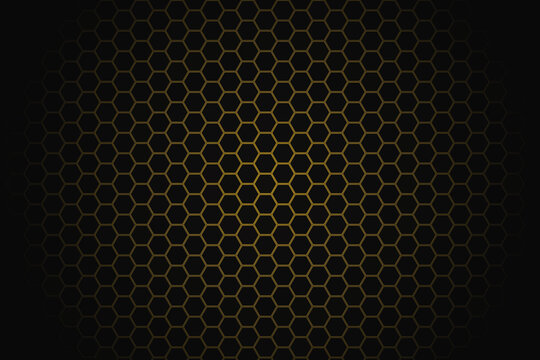 Glowing hexagonal mesh pattern on dark gradient background, hexagons grid luminous yellowish