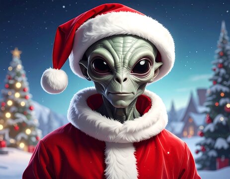 Alien wearing santa hat and suit festive holiday scene