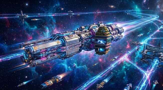 The central capital ship features an intricate, modular metallic design with glowing blue and purple accents, leaving a bright light trail behind it. It travels alongside smaller cargo and escort vess