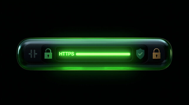 Glowing green HTTPS search bar indicates a secure connection for browsing the internet.
