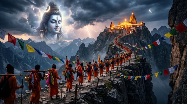 Kanwar Yatra Devotees Walking on Rocky Mountain Path Towards Majestic Temple Under Dark Stormy Sky for Shravan Month Spiritual Wallpaper, Hindu Pilgrimage Banner, and Cinematic ... See More