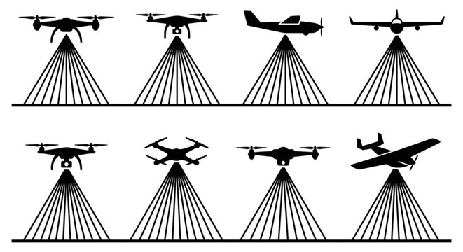 LiDAR Aerial Scanning Drones and Surveying Aircraft Silhouettes, aerial vehicles (UAVs), quadcopters, and fixed-wing planes emitting linear laser beams downward to simulate radar or LiDAR scanning 
