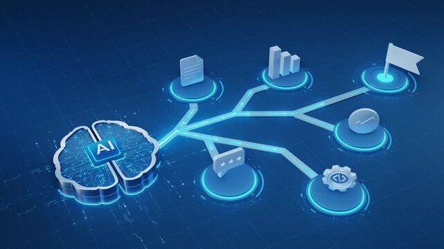 A powerful agentic AI system depicted as a glowing brain orchestrates a complex network of digital tasks. It autonomously connects data, analyzes information, facilitates communication, and drives