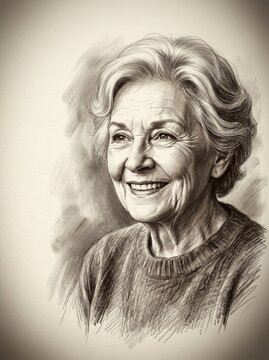 Pencil sketch portrait of smiling senior woman with vignette background