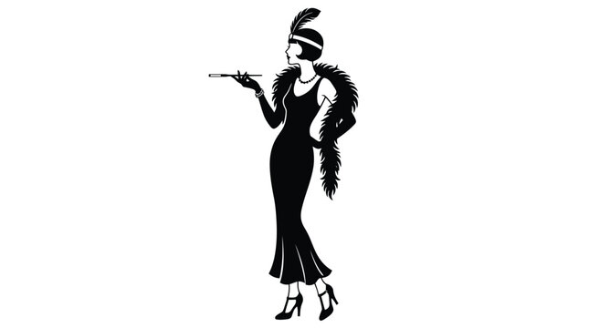 Elegant flapper girl vector illustration featuring a stylish vintage dress and a classic feather accessory