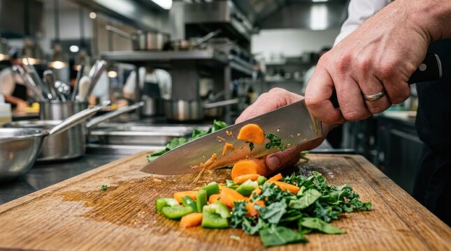 Chef hands cutting fresh vegetable on wooden board in restaurant kitchen banner