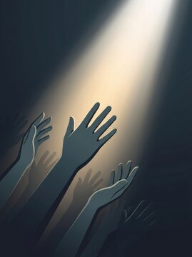 Silhouettes of hands reaching up toward a bright light beam vector illustration