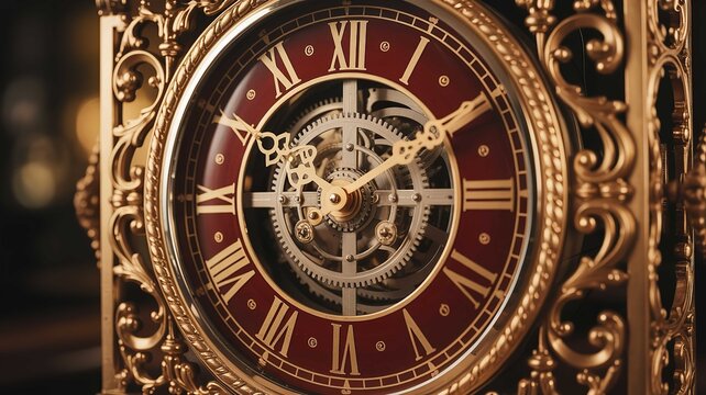 Ornate gold vintage clock featuring intricate mechanical gears and deep red roman numeral display face closeup