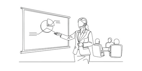 Fototapeta premium Businesswoman presenting pie chart data in a meeting.