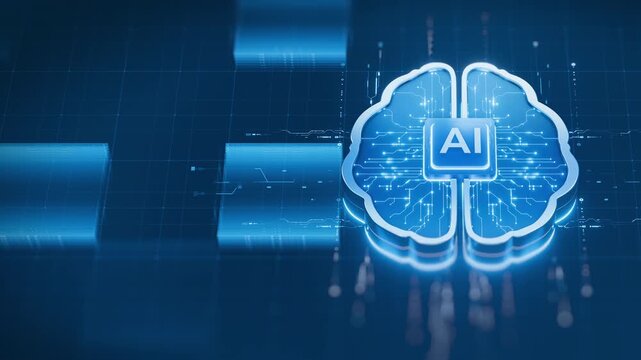 A prominent blue AI brain icon, adorned with intricate digital circuit patterns and a central 'AI' chip, is displayed against a deep blue, futuristic technology background. This visual embodies