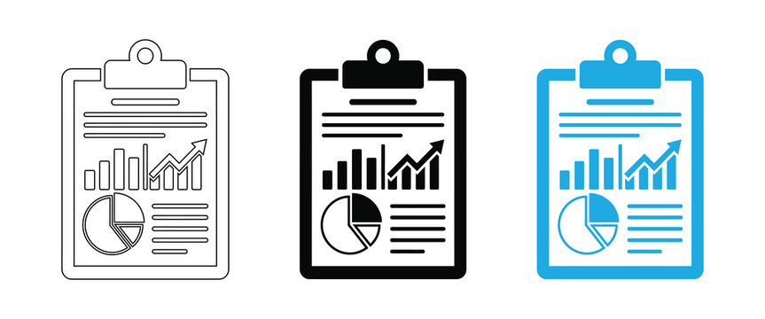 Clipboard with bar chart and pie graph icon vector symbol, outline solid and color style set for business report, financial analysis, data statistics, performance review and analytics dashboard clipar