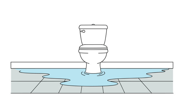Toilet leaking with water flooding across the tiled bathroom floor due to a plumbing issue causing a messy wet situation in the restroom area.