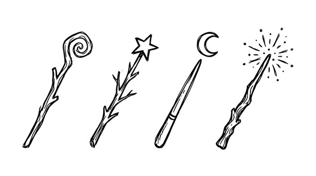 Hand drawn magic wands and wizard staffs doodles isolated on white background, perfect for fantasy illustration, halloween design and witchcraft branding
