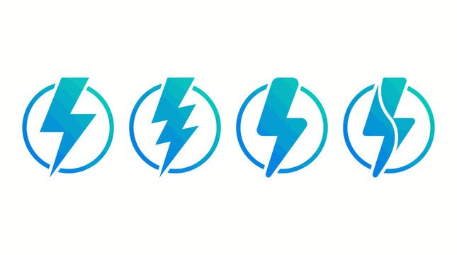 Set of blue and green gradient lightning bolt icons inside circles on a white background, perfect for clean energy logo design, mobile app interface and technology branding