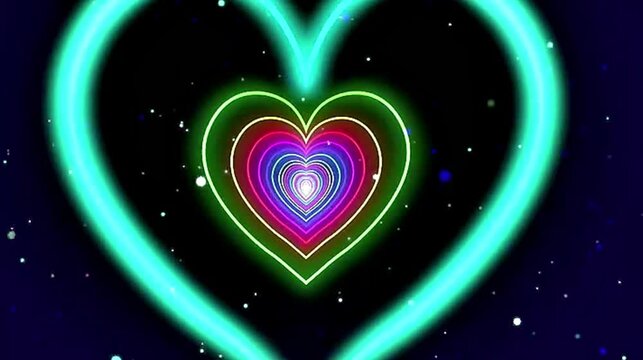 Tunnel of glowing neon hearts with particle background an infinite