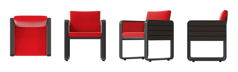 Obraz premium Modern armchair with red upholstery and dark wood accents, displayed from multiple angles