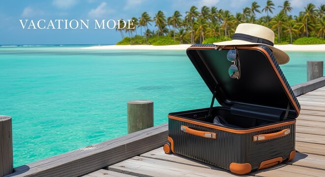 Open suitcase on pier with beach and ocean background, vacation mode text overlay